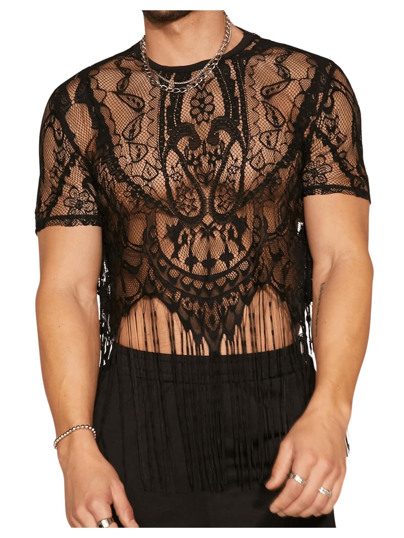 SHENHE Men's Sheer Floral Lace Fringe Short Sleeve Crewneck Cropped Tee Party Shirt Top Black Medium