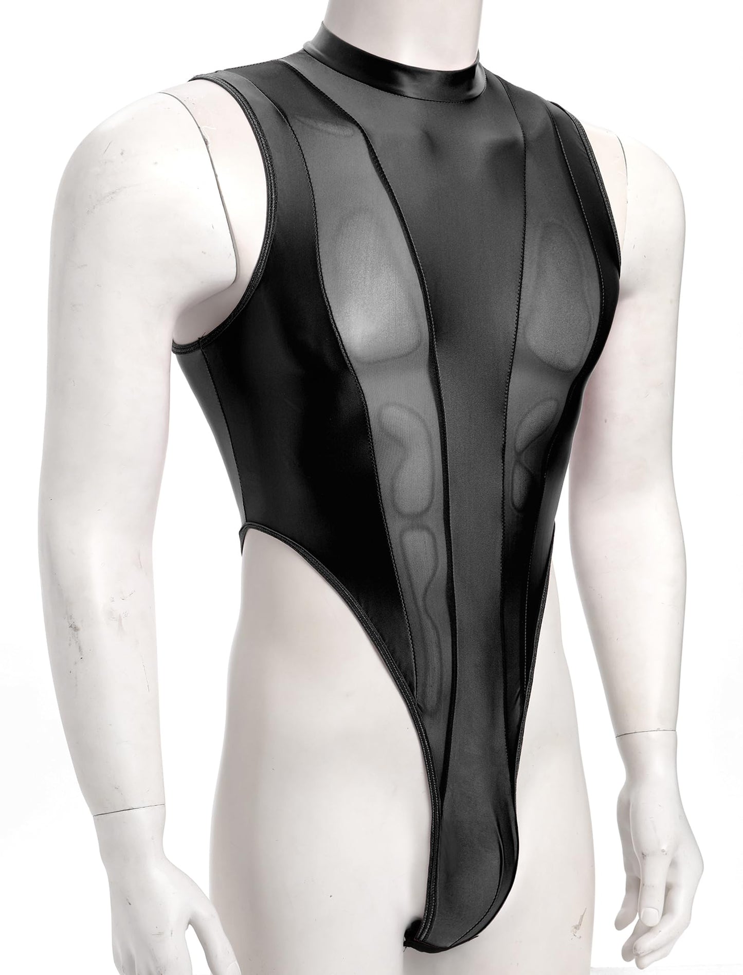 Men's Mesh Sheer Bodysuit Mock Neck Spliced Sleeveless High Cut Thong Leotard Singlet Underpants Black One Size