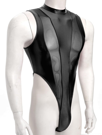 Men's Mesh Sheer Bodysuit Mock Neck Spliced Sleeveless High Cut Thong Leotard Singlet Underpants Black One Size