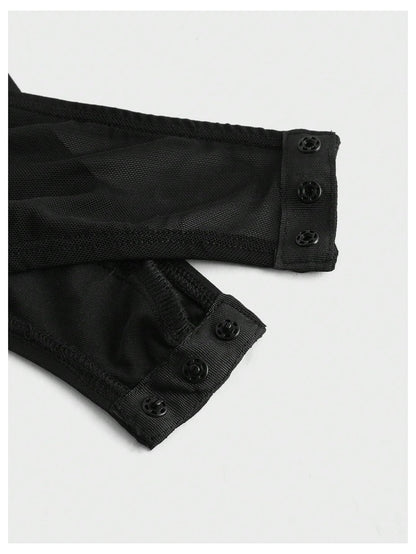 OYOANGLE Men's Long Sleeve Sheer Bodysuit Crew Neck Slim Fit Mesh Shirt Y2K Party Clubwear Streetwear Black Medium