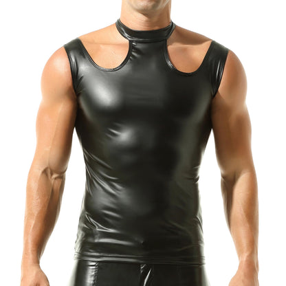 QiaTi Men's Faux Leather Vest Black Sleeveless Tank Top Cut Out Slim Fit Undershirts for Rave