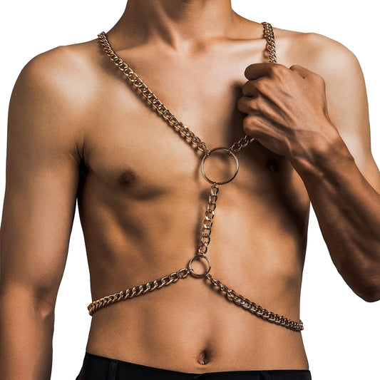 Punk Metal Link Chain Bra Body Jewelry Sexy Long Crossover Harness Circle Body Chain Festival Bikini Waist Chain Body Jewelry for Men Women (Gold)