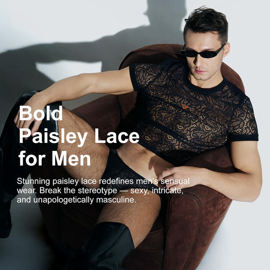 BSZN Men's Sexy T-Shirt, Black Paisley Lace Semi Transparent Crew Neck Short Sleeve Slim Fit Tailored Cut Sexy Clubwear Base Layer