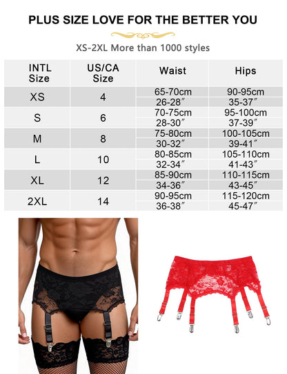 Men's 6-Strap High-Waist Black Lace Garter Belt with Metal Clamps Adjustable Suspenders Garter Belts for Thigh Highs, M