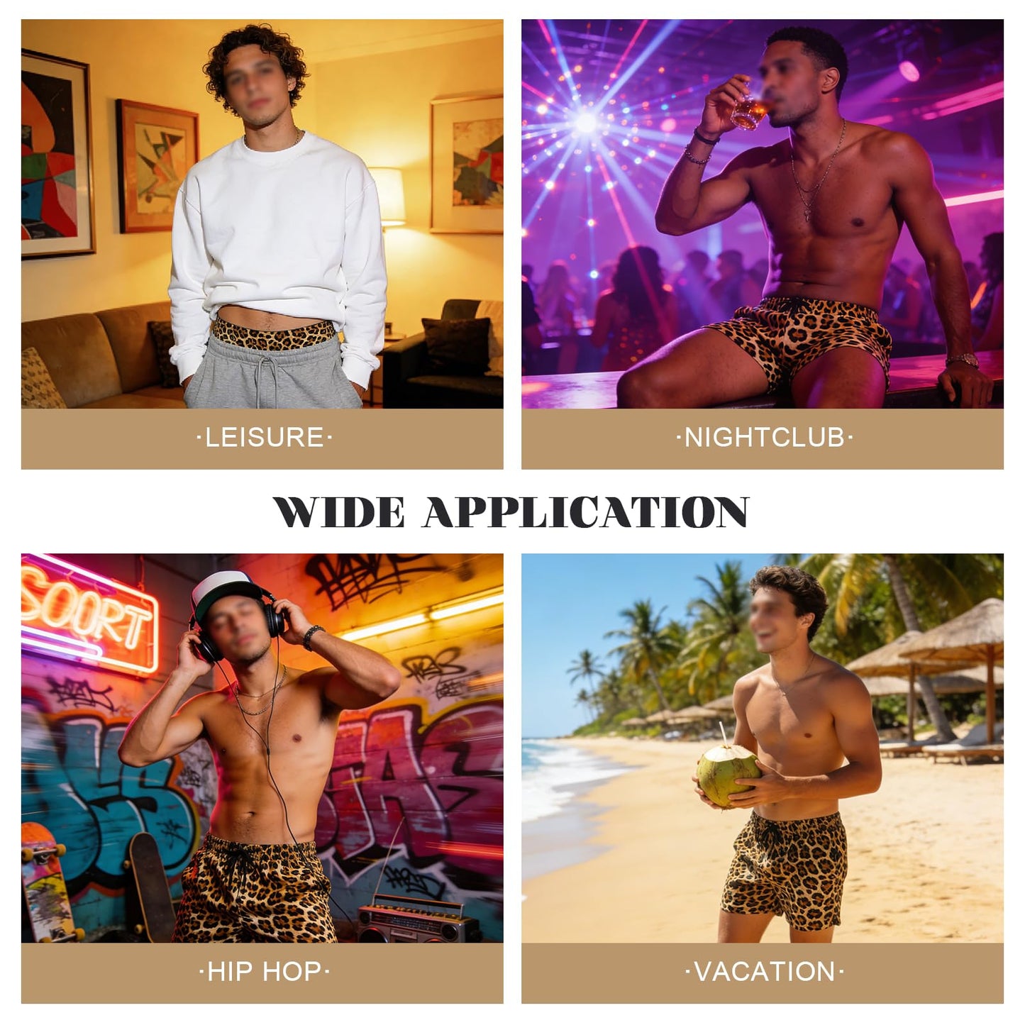 GENEMEN Mens Double Waist Underwear Sexy Animal Print Briefs (Leopard Khaki, L)