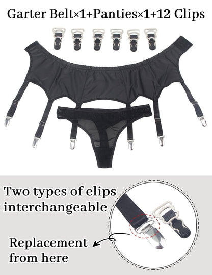 Men's PU Leather Garter Belt with Thong Suspenders with 6 Straps Clips Garter Belts for Thigh Highs Stockings
