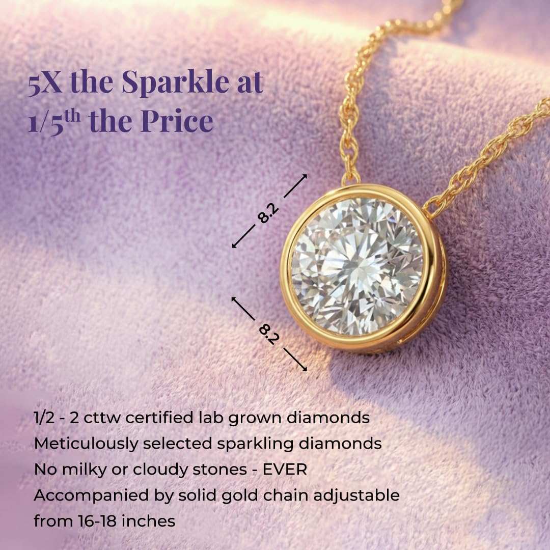 La Joya Bezel Set Necklace | 2 Carat Lab Created Diamond Necklace | Solid 10 Karat Yellow Gold Solitaire Floating Diamond Pendant | Certified by Gemologist | Ideal Diamond Jewelry for Women