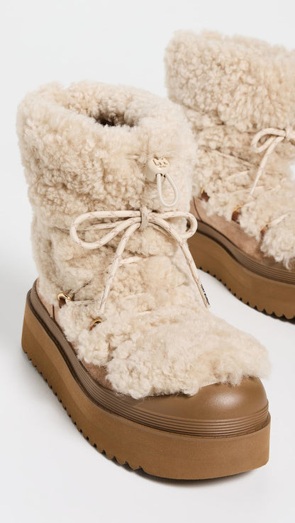 Tory Burch Women's Mellow Shearling Lace Up Boots, Buttermilk/Light Chestnut, 10 Medium US