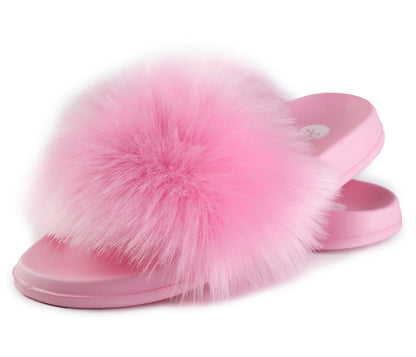 Sissy Faux Fur Slides, Open Toe Cute Pink Fuzzy Slippers, Comfortable Furry Fluffy Slide Sandals