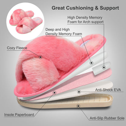 Women Fuzzy Slippers Fur Slides House Slipper for Women Red 8-9