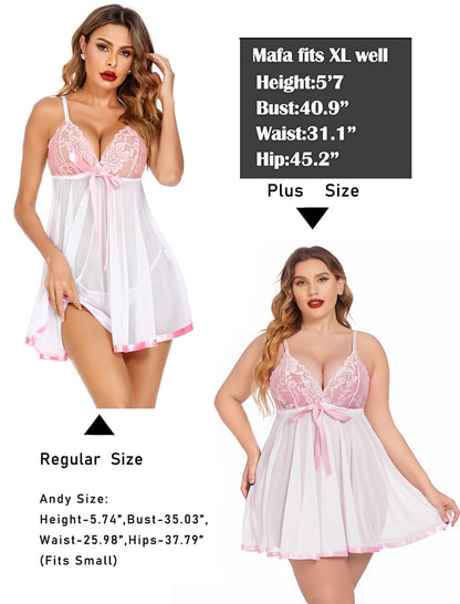 Sissy Lace Babydoll Strap Sleepwear Sheer Chemise V neck Teddy White S