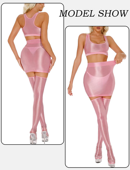 Oil Glossy Mini Skirt for Women Sexy Shiny Bodycon Tight Pencil Dress Clubwear Party Hot Skirt Pink Large