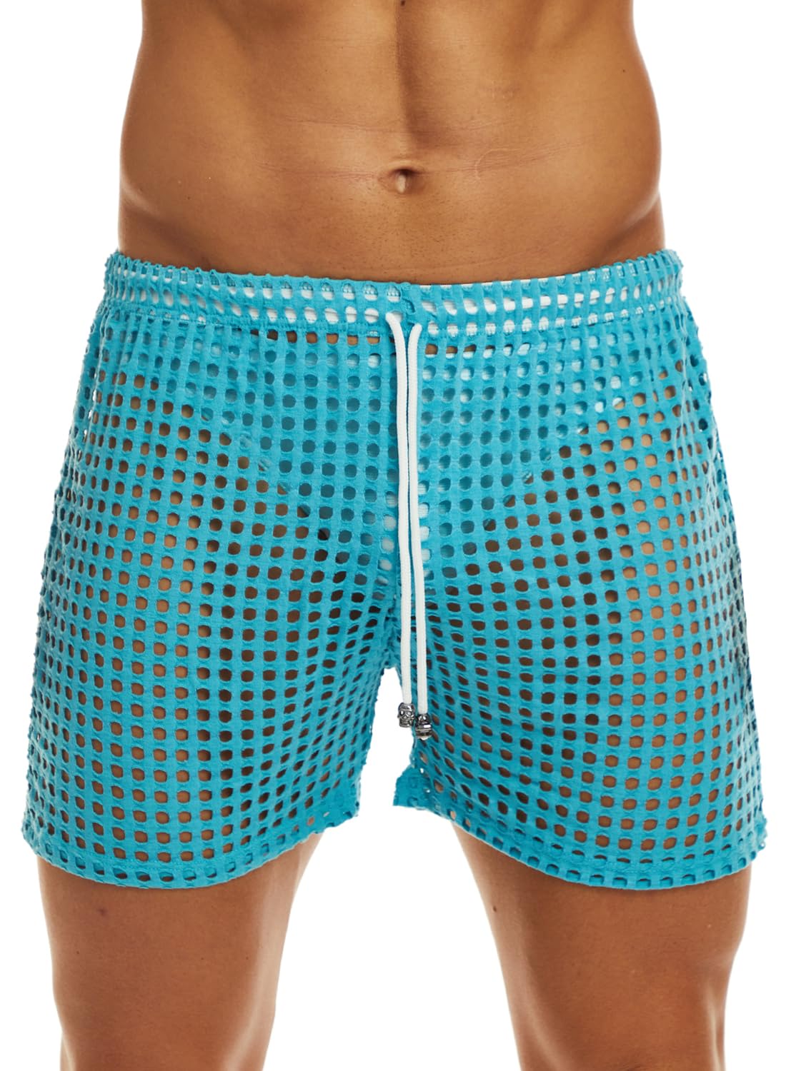MIZOK Men's Hollow Openwork Short Sexy Fishnet See Through Boxer Shorts Lounge Swim Cover Blue L