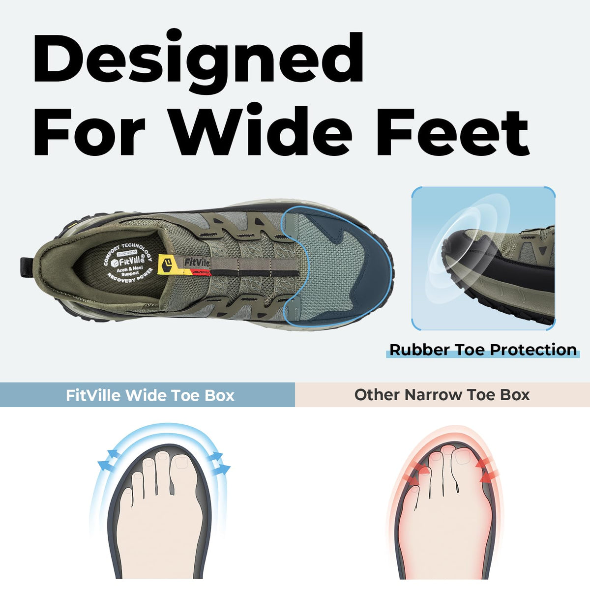 FitVille Extra Wide Sneakers for Men Slip-on Shoes, Soft Comfortable Mens Running Shoe, Slip Resistant Hiking Walking Shoes with Arch Support & Wide Toe Box Khaki Green