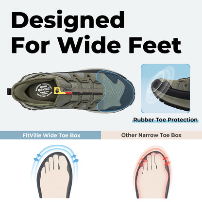 FitVille Extra Wide Sneakers for Men Slip-on Shoes, Soft Comfortable Mens Running Shoe, Slip Resistant Hiking Walking Shoes with Arch Support & Wide Toe Box Khaki Green