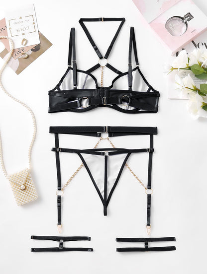 Lilosy Women Sexy Chain Strappy Underwire O Ring Push Up Garter Belt Choker Lingerie Set Latex Harness Bra and Panty 3 Piece Leather Black Medium