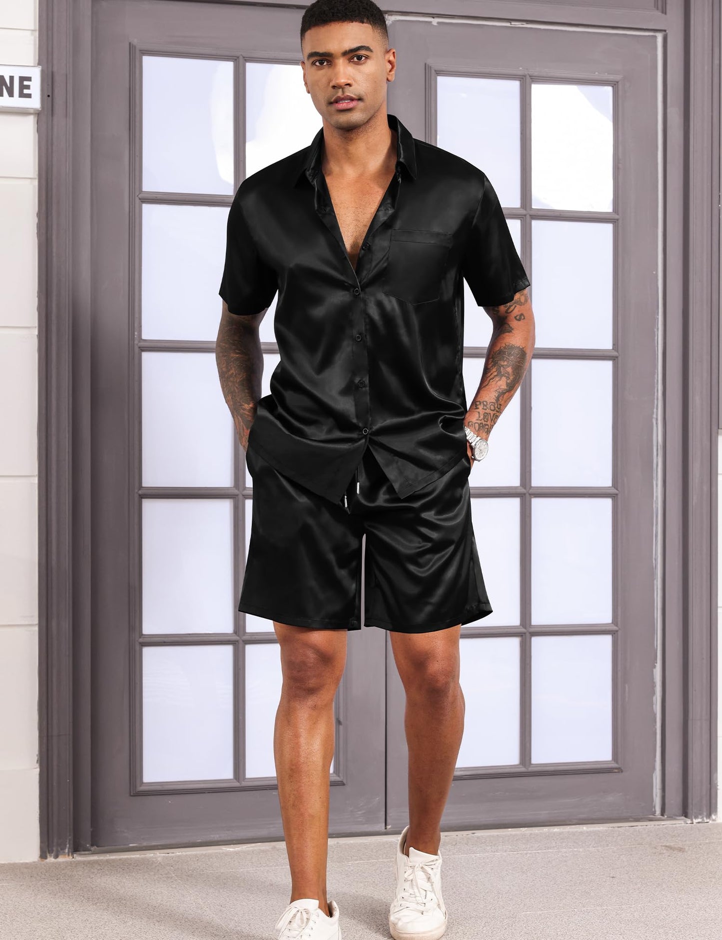 LecGee Men's 2 Piece Silk Satin Outfits Short Sleeve Button Tracksuit Shorts Shiny Satin Dress Shirts Set(Black,S)