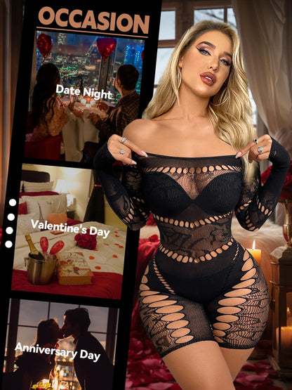 Sesiwadbe Woman Lingerie Bodysuit Fishnet Bodystocking Sexy Bodycon Jumpsuit (BlackV,M)