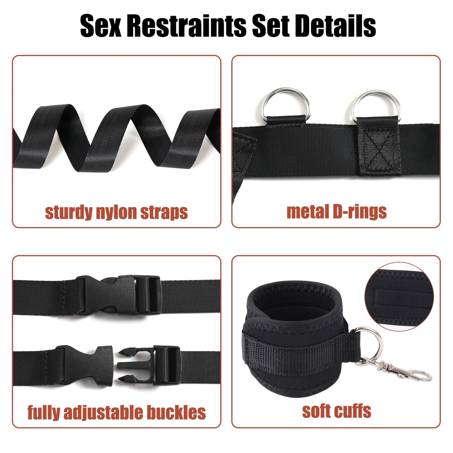 Sex Bondage BDSM Kit Bed Restraints Set, Super Easy Install Sex Rope Adjustable Straps, Sex Toys with Handcuffs Ankle Cuff for Adults Women Couples Game Pleasure (Black)