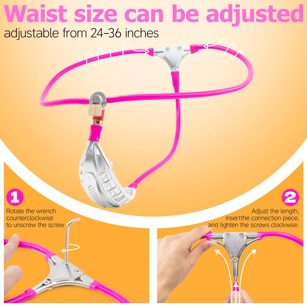 Male Chastity Belt, Adjustable Stainless Steel Waistband, Small, Pink