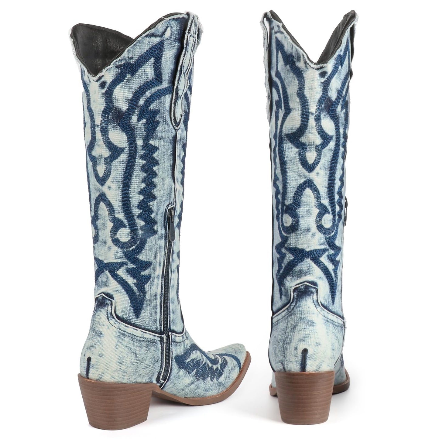 FIFSY Light Blue Denim Cowboy Boots for Women Embroidered Jean Knee High Cowgirl Boots Pointed Toe Chunky Heel Vintage Western Boots， US10