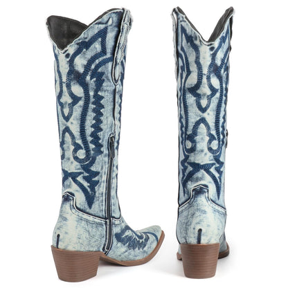 FIFSY Light Blue Denim Cowboy Boots for Women Embroidered Jean Knee High Cowgirl Boots Pointed Toe Chunky Heel Vintage Western Boots， US10