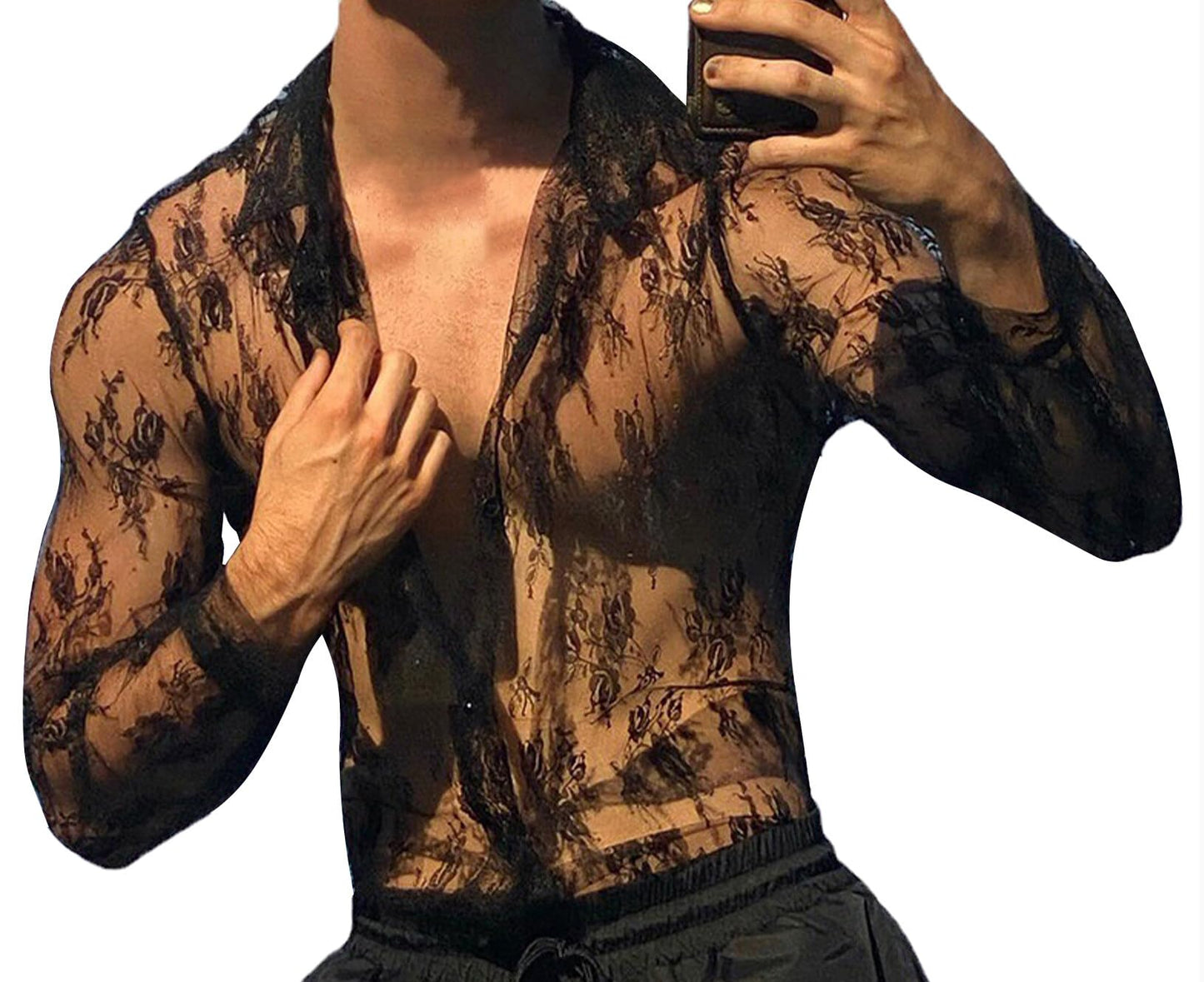 Men's See Through Fishnet Mesh Top Long Sleeve Muscle T-Shirt Button Down Shirts Top V Neck Full Lace Flower Blouse Tee Clubwear