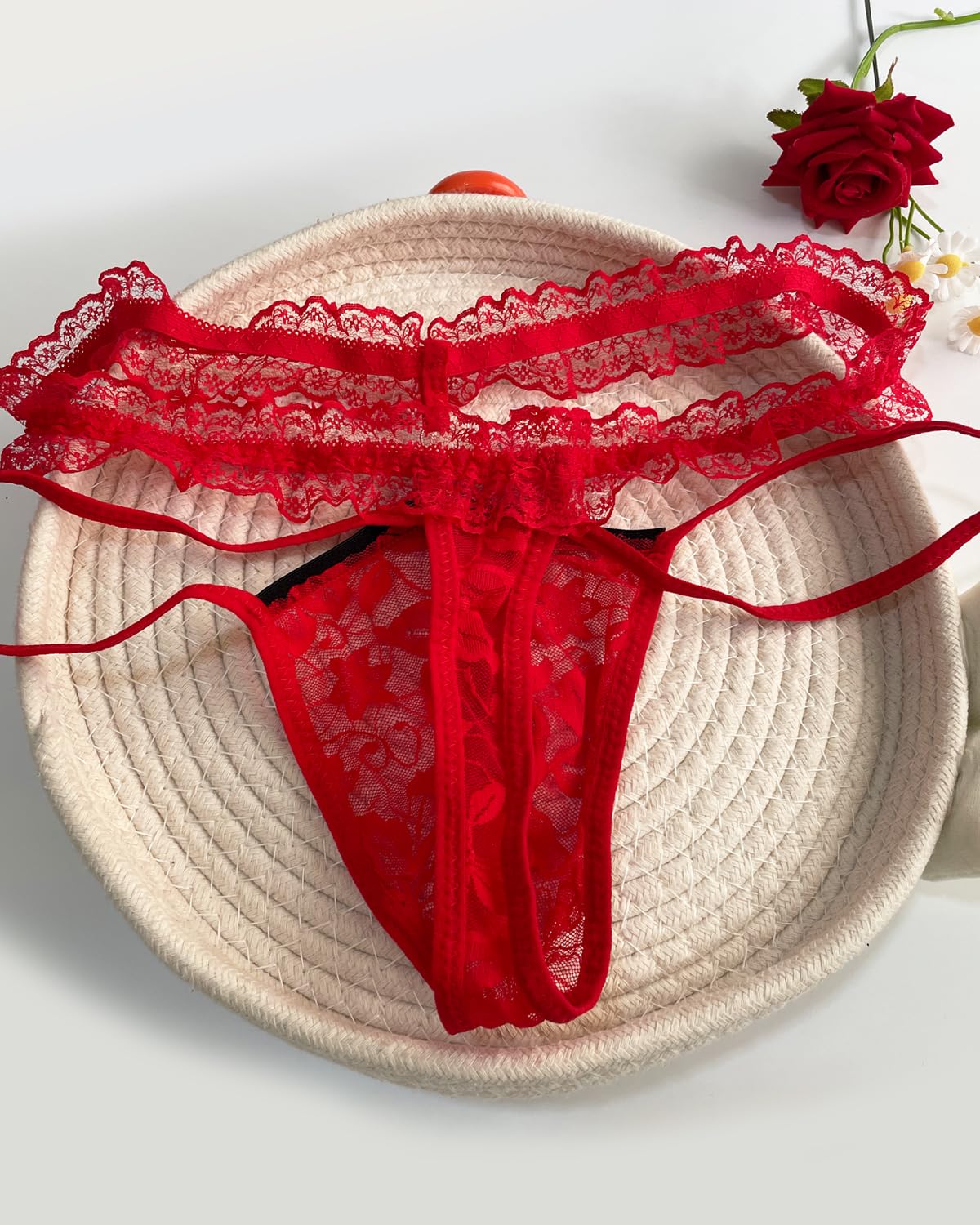 Mens Lace Frilly Sissy Panties Pouch Thong, Feminine G string Underwear For Men Sexy Lingerie (US, Alpha, One Size, Regular, Regular, Red)