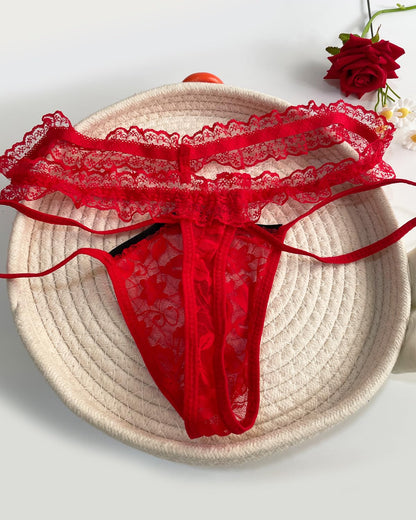 Mens Lace Frilly Sissy Panties Pouch Thong, Feminine G string Underwear For Men Sexy Lingerie (US, Alpha, One Size, Regular, Regular, Red)