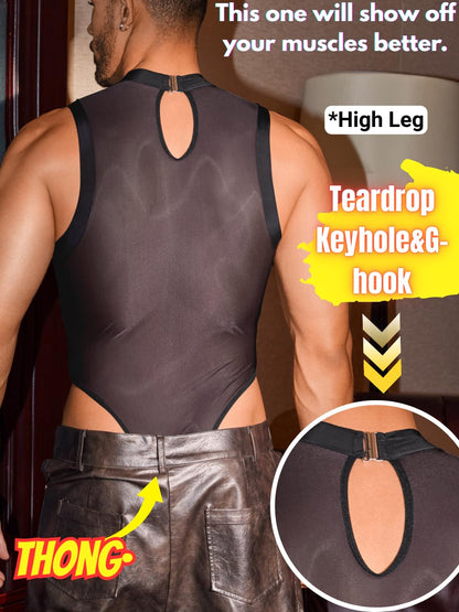 Sexy Glossy Mens Lingerie Sheer, Snap Crotch Thong Leotard High Cut Muscle Suit, Mesh Rave Bodysuit Top Club Outfits Black Medium-Large