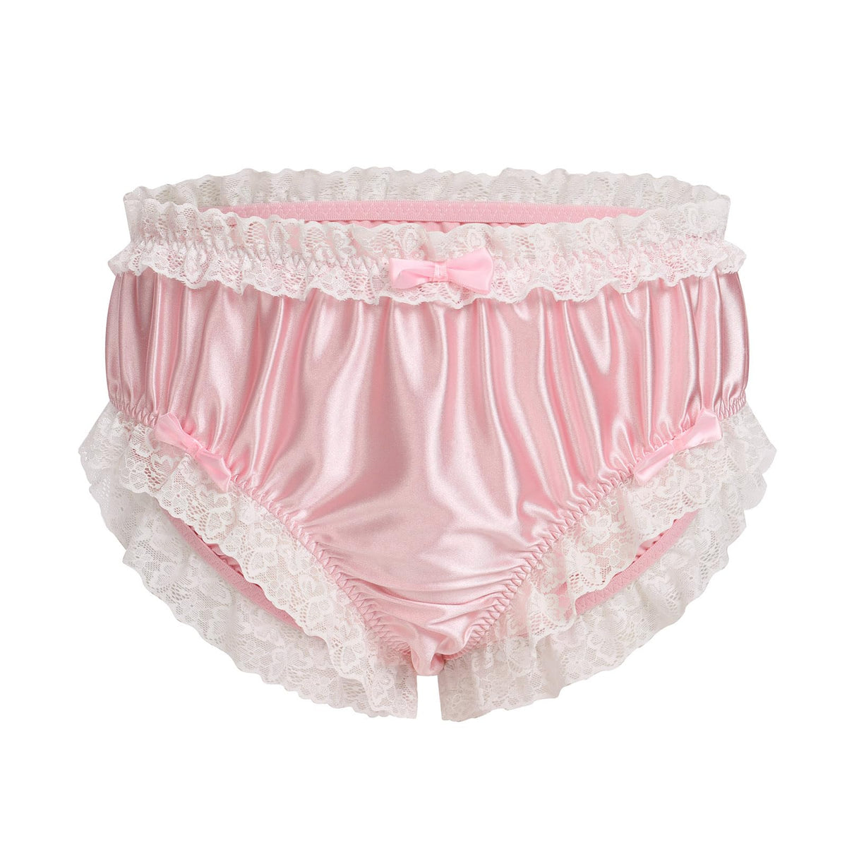 Men's Satin Silk Underwear Ruffle Lace Sissy Panties Bowknot Crossdress Silky Knickers Briefs Pink X-Large
