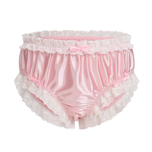 Men's Satin Silk Underwear Ruffle Lace Sissy Panties Bowknot Crossdress Silky Knickers Briefs Pink X-Large