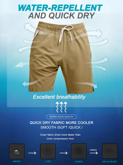 SILKWORLD Quick Dry 9" Mens Swimming Trunks with Zip Pockets Side-Slit Athletic Shorts Compression Lined Swimsuit,Khaki,X-Large