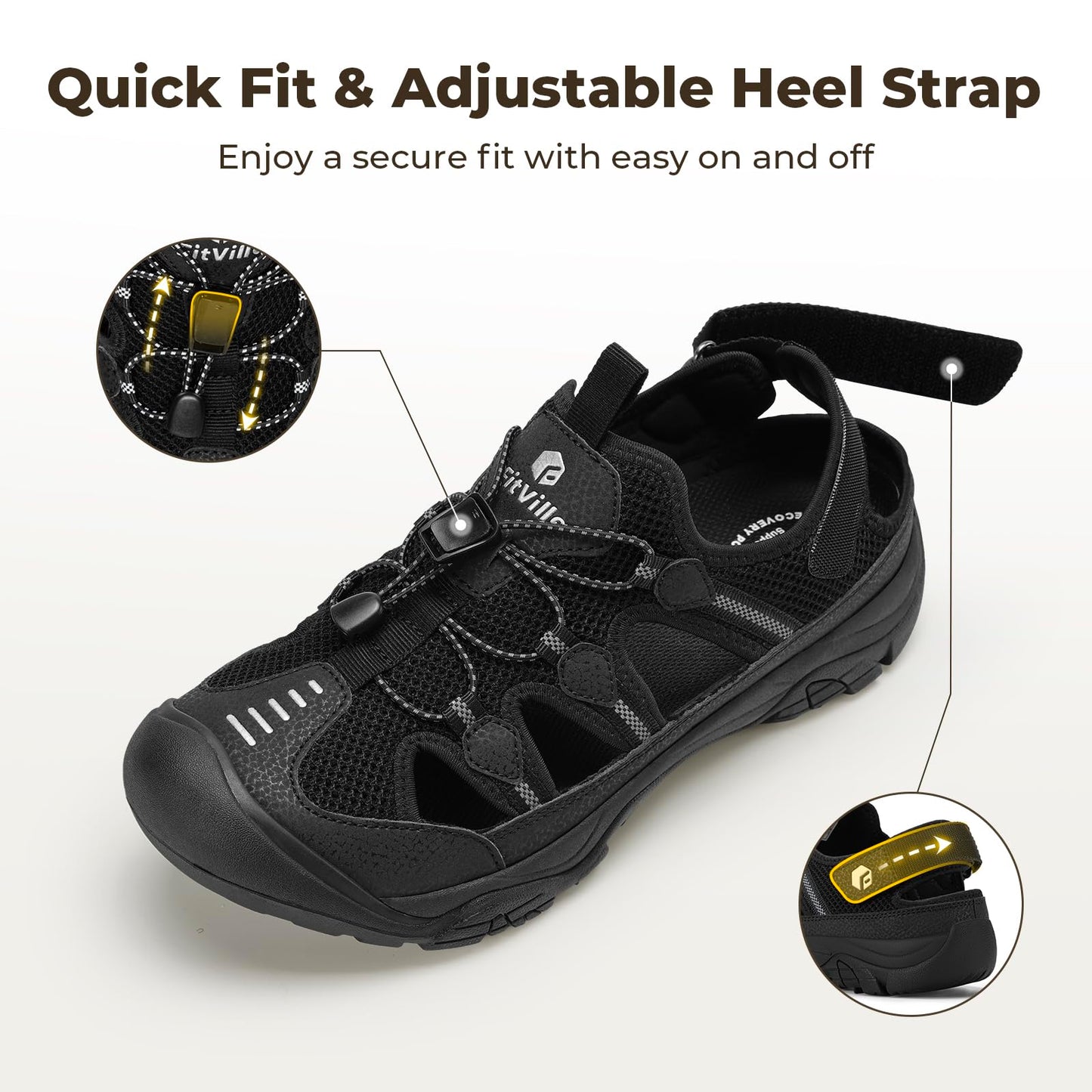 FitVille Men's Walking Sandals, Wide-Fit Closed Toe Hiking Sandals with Arch Support for Plantar Fasciitis, Quick-Adjust Straps & Non-Slip Sole Men Shoes for Summer Outdoor Casual Sports