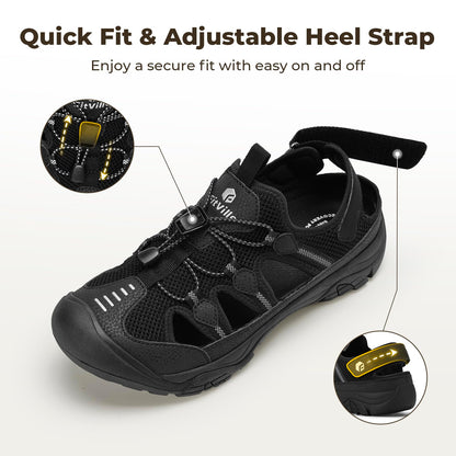 FitVille Men's Walking Sandals, Wide-Fit Closed Toe Hiking Sandals with Arch Support for Plantar Fasciitis, Quick-Adjust Straps & Non-Slip Sole Men Shoes for Summer Outdoor Casual Sports