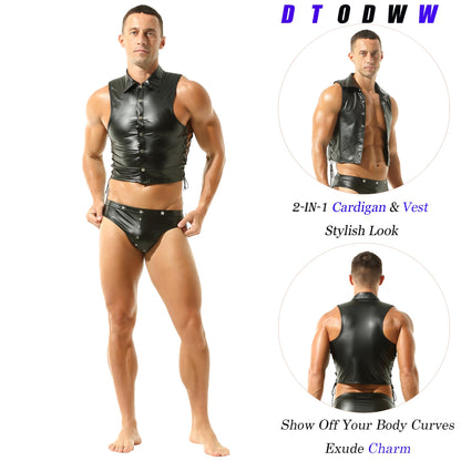 Mens Faux Leather Vest Sleeveless Tops Wet Look Undershirt Round Neck Shirt Clubwear