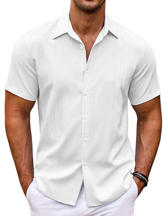 COOFANDY Cuban Button Down Shirts Short Sleeve Button Up Shirt Summer Beach Shirts White