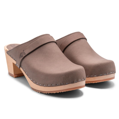 Sandgrens Handmade Swedish Wood Clogs for Women, High Heel Mule US 6 | Dublin Stone Nubuck LT, EU 37