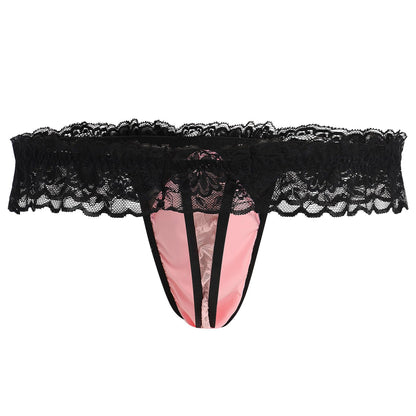 Men's Lace Ruffle Thong Low Rise G-string Smooth Pouch Pink