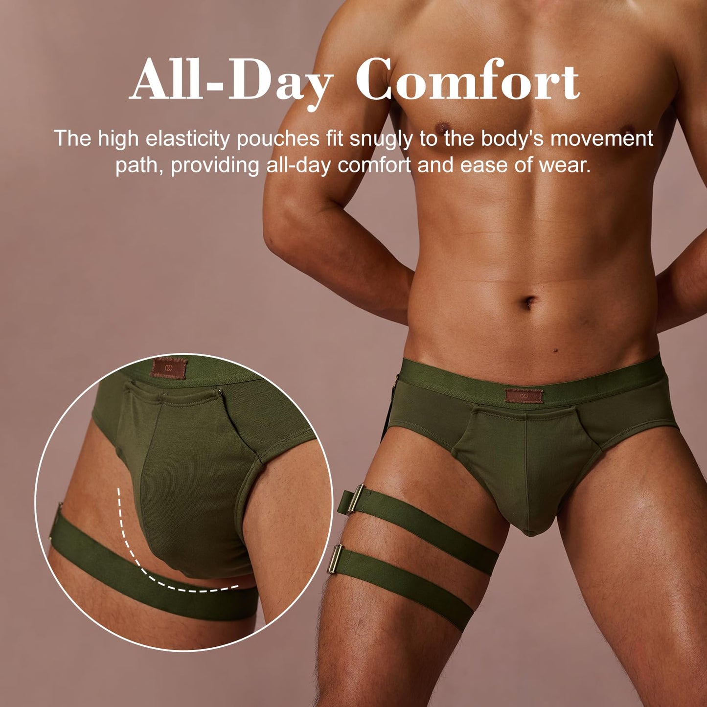 BSZN Men's Sexy Briefs, Army Green Detachable Leg Strap Sexy Men Underwear, Mid High Rise Front Snap Open Pouch Vintage Metal Role Play Sexy Lingerie from L-Night Authority Badge Collection