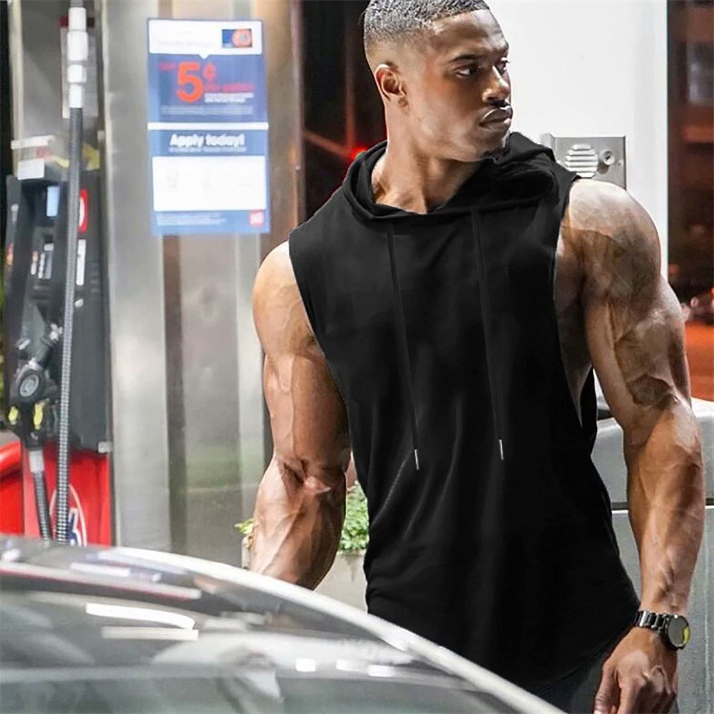 Babioboa Men's Sleeveless Training Muscle Hoodies Training Sleeveless Shirts Sports Tank Tops with Hood(Black Medium)