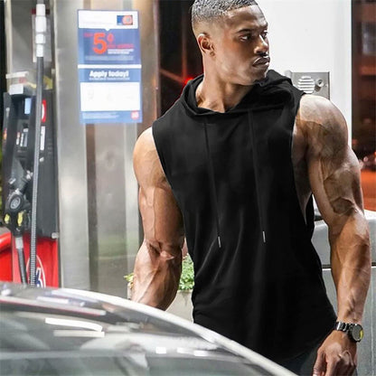 Babioboa Men's Sleeveless Training Muscle Hoodies Training Sleeveless Shirts Sports Tank Tops with Hood(Black Medium)