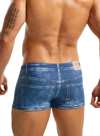 MIZOK Mens Denim Prints Swim Trunk Quick Dry Boxer Swimwear Square Leg Swimsuit Blue XL