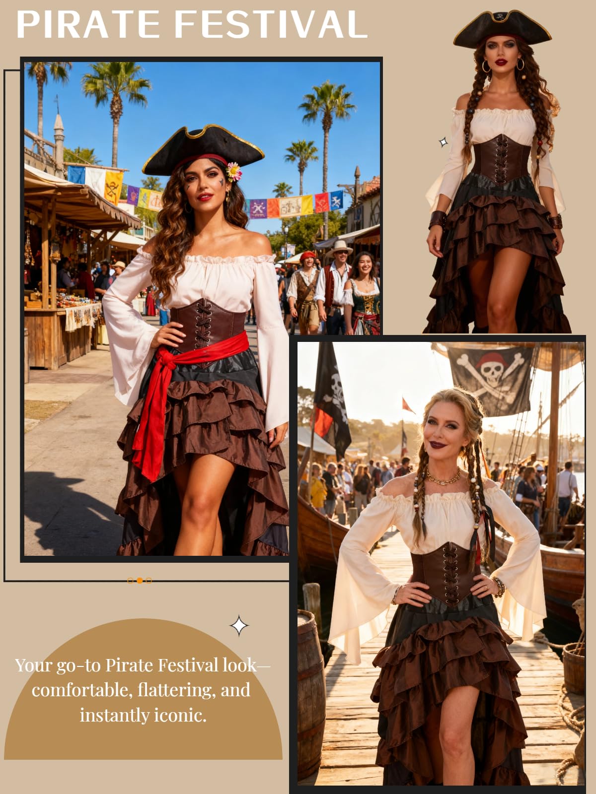 Women's Renaissance Pirate Wench Costume with Corset, Skirt & Blouse