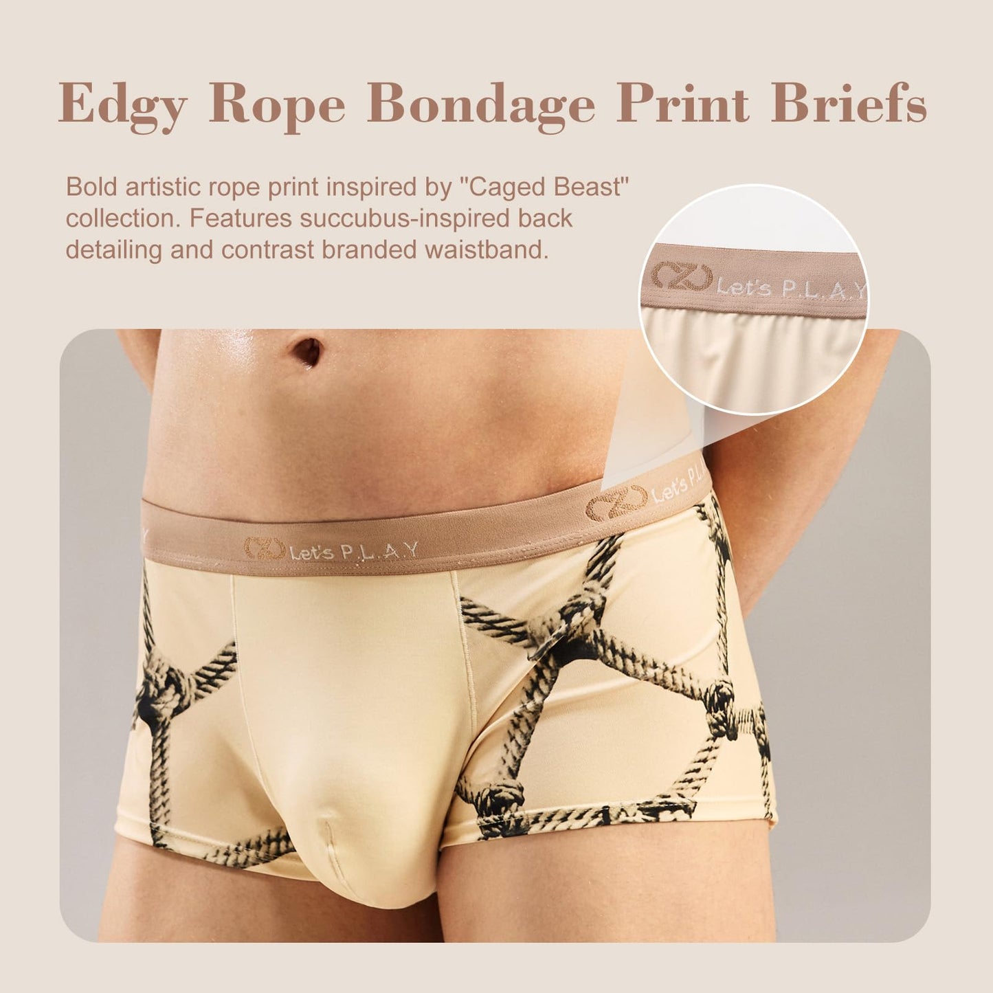BSZN Men's Sexy Boxer Briefs, Beige Rope Shibari Print Devil Tail Back Mid Rise Ultra Soft Thin Sexy Lingerie