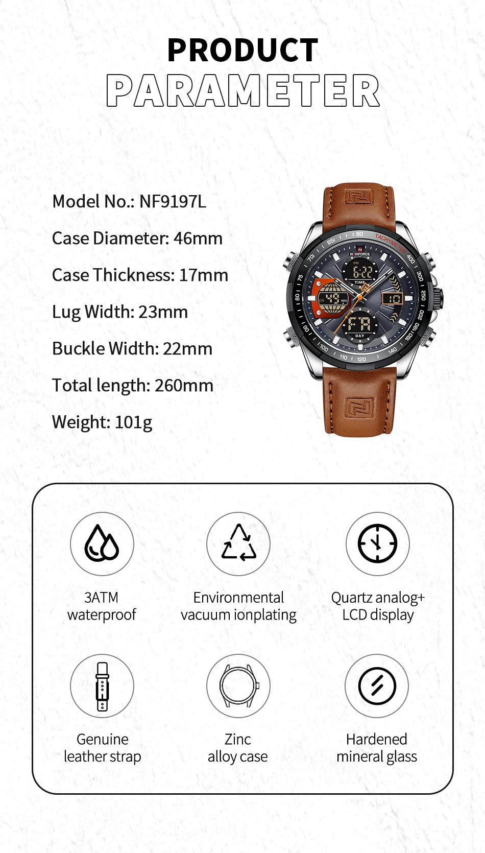 NAVIFORCE Men's Military Digital Watches Analog Quartz Waterproof Watch Sport Multifunctional Leather Wristwatch