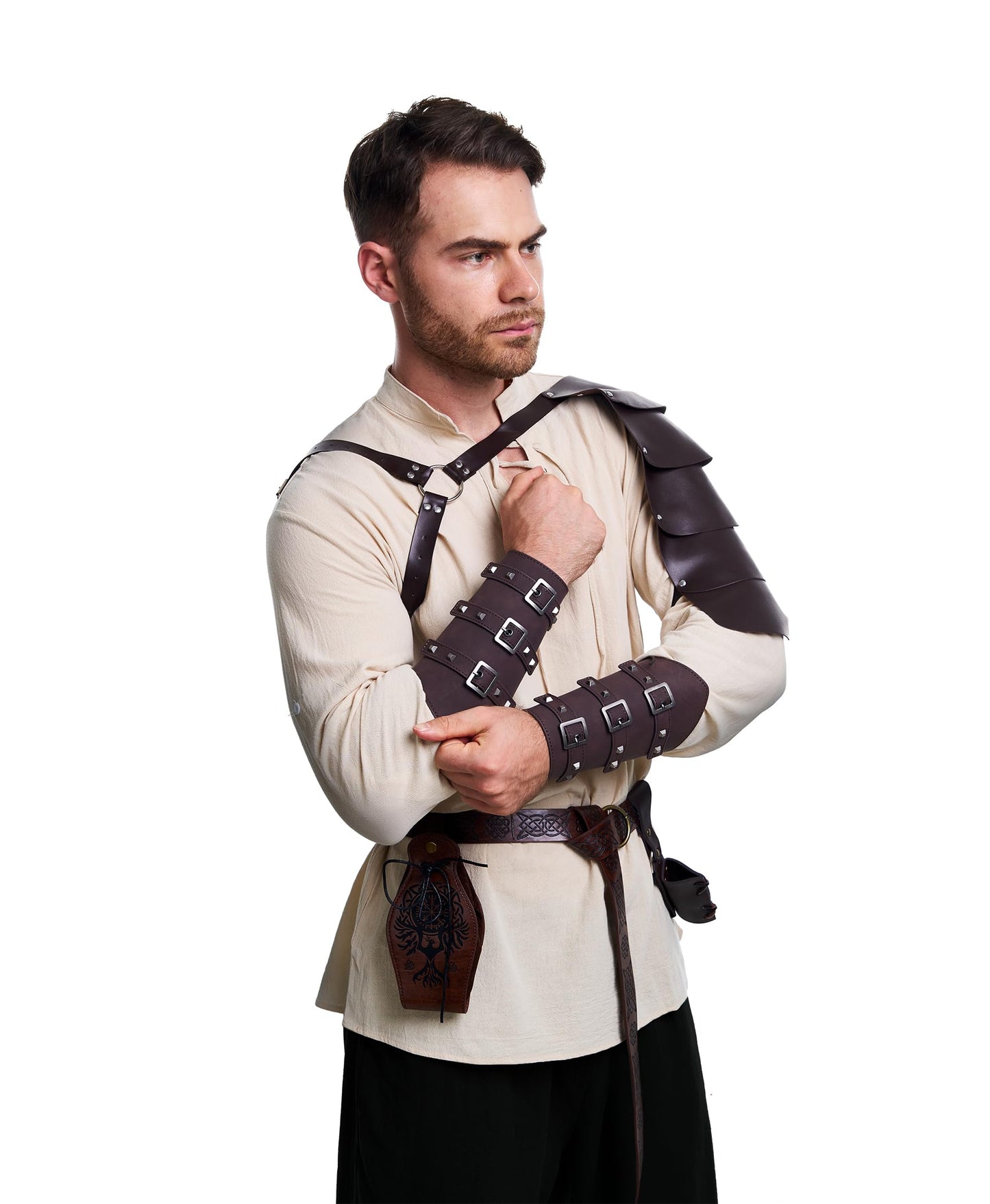 8 Pcs Men's Renaissance Costume Halloween Medieval Pirate Shirt Pant Viking Costume Accessories Set (Classic Color, Large)
