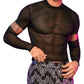 SHENHE Men's Cut Out Sheer Mesh Crewneck Long Sleeve Fitted Crop Tee Shirt Party Top Black M