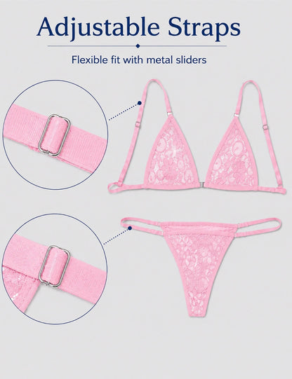 Sissy Lace Bra with Thong Lingeire Set，S-XXL Pink