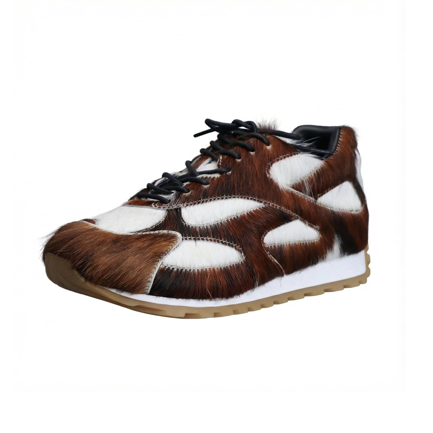 Women's Genuine Cow Hair Sneakers Natural Fur Chunky Calf Hair Dad Shoes Western Y2K Platform Casual Walking Cowhide Shoes Retro Thick Sole Cushioned Trainers Brown White